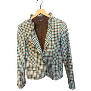 Talbots Wool Plaid Tweed Blazer Green Brown Ruffle Collar Elbow Patches Size 10